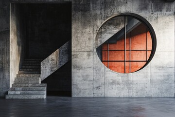 Aufkleber - Modern concrete staircase leading to circular window opening in empty building