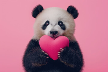 Wall Mural - Cute, beautiful panda with a heart in her hands on a pink background. Celebrating Valentine's Day. Holiday concept. Advertising banner