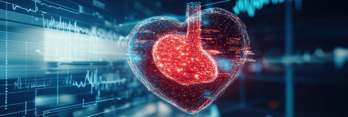 Aufkleber - Glowing red heart with dynamic cardiogram symbolizing health and vitality in a digital environment. Generative AI