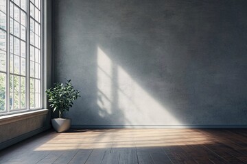 Poster - Sunlight illuminating empty room with potted plant and large window