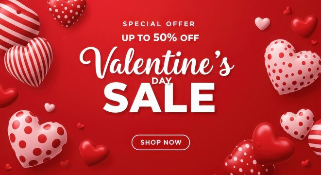 Valentines sale vector banner template. Valentines day store discount promotion with white space for text and hearts elements in red background. Vector illustration, Valentine’s Day party invitation.
