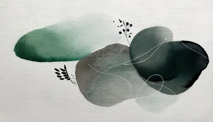 Poster - minimalist abstract watercolor composition in green and gray hues with organic shapes, delicate lines, and botanical details for decor