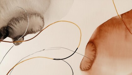 Poster - abstract watercolor composition with earthy tones and fluid black lines, ideal for modern minimalist decor or creative banner wallpaper branding