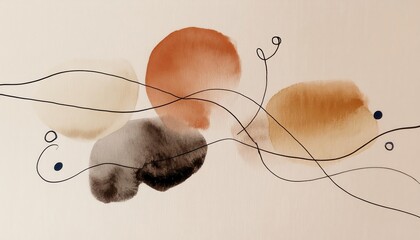 Poster - abstract watercolor composition with earthy tones and fluid black lines, ideal for modern minimalist decor or creative banner wallpaper branding