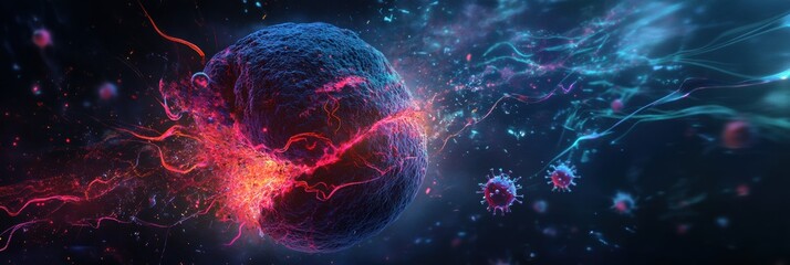 Fototapete - Magnified human cell under attack by virus in a dynamic microscopic environment. Generative AI