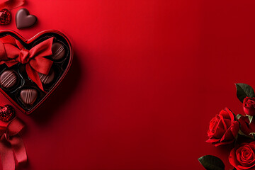 Wall Mural - Photo of a heart shaped gift box with red ribbon containing chocolates and some roses on red background, gifts, Valentine's Day.