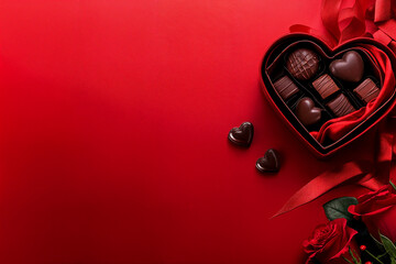 Wall Mural - Photo of a heart shaped gift box with red ribbon containing chocolates and some roses on red background, gifts, Valentine's Day.