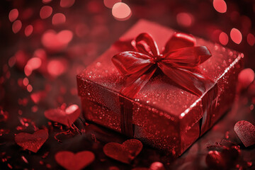 Close-up of a red gift box tied with a red ribbon on a dark background. Concept for Valentine's Day. Celebrating Valentine's Day. Holiday concept. Advertising banner. High quality photo