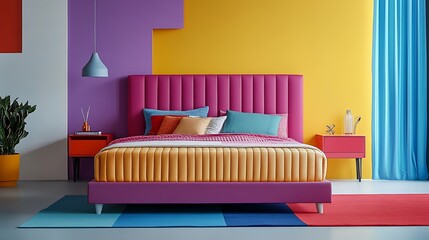 Wall Mural - Double bed with colorful headboard and bedside table in a modern bedroom on colourful background