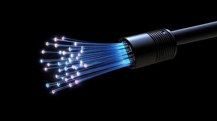 Poster - Hyper-realistic fiber optic cable with light rays scattering out, representing high-speed data transfer