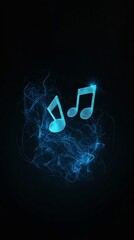 Poster - Two music notes made of blue light glow surrounded by a dynamic, swirling energy field against a dark backdrop, representing the power and movement of music
