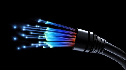 Poster - Hyper-realistic fiber optic cable with light rays scattering out, representing high-speed data transfer