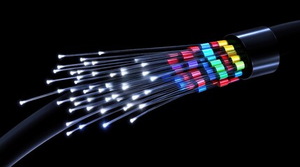 Poster - Hyper-realistic fiber optic cable with light rays scattering out, representing high-speed data transfer