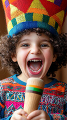 Wall Mural - Joyful Child with Colorful Beaded Headdress Holding Maraca, Celebrating Purim. Concept of Cultural Festivities, Vibrant Traditions. Purim. Vertical