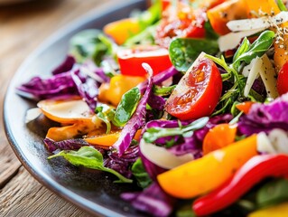 a close-up of a nutrient-dense salad, on a wooden table, featuring an array of colorful vegetables a