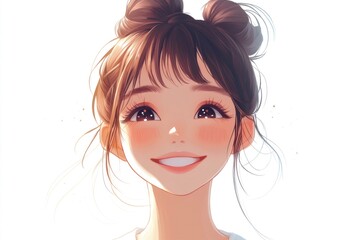 Portrait of a cheerful young woman with two buns giggling with sparkling eyes on a white background, conveying joy and happiness