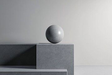 Poster - Concrete sphere balancing on elevated cube structure: minimalist composition in gray tones