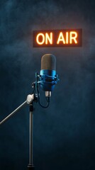 Poster - Professional microphone is recording audio in a studio or on stage with an on air sign illuminated, creating a captivating scene of live performance or broadcast