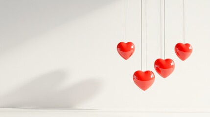Poster - Four shiny red hearts hanging from thin strings against a minimalist white background create a romantic atmosphere, perfect for valentine's day or other love themed celebrations