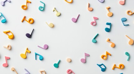 Poster - Colorful eighth notes are scattered on a white background, creating a vibrant and playful visual representation of musical concepts, offering copy space for music related projects