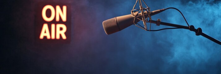 Poster - Studio microphone is recording a live performance with the on air sign illuminated in the background, creating an exciting atmosphere of a music studio or broadcasting event