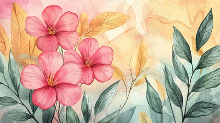 Wall Mural - Watercolor Illustration of Blooming Spring Flowers with Vibrant Leaves, Concept of Nature's Beauty and Botanical Art. Purim. Copy space