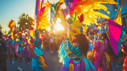 Wall Mural - Colorful Parade Participants in Elaborate Costumes During Purim Sunset Celebration. Concept of Cultural Festivals, Vibrant Traditions. Purim