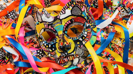 Wall Mural - Vibrant Masquerade Mask with Colorful Ribbons and Confetti. Concept of Festive Celebration, Carnival Spirit. Purim