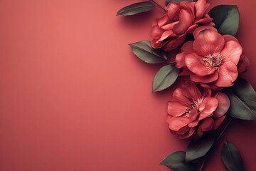 Poster - Blooming red camellia flowers with lush green leaves on a matching background