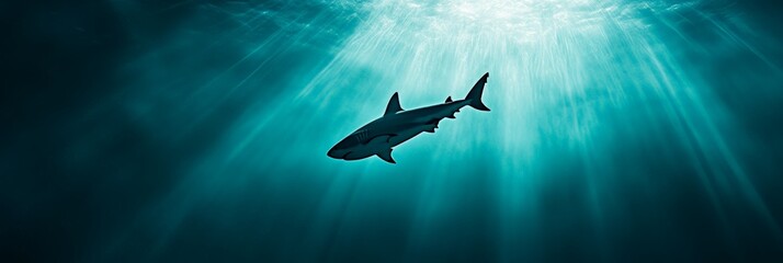 Poster - Sunbeams filtering through the ocean water illuminate a shark swimming in the deep blue, creating a dramatic and captivating underwater scene