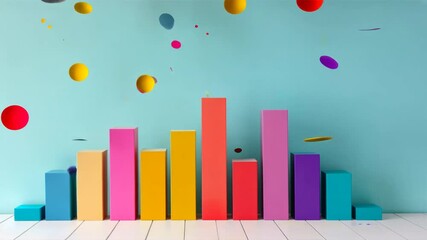 Poster - Colorful Bar Graph Design Bright Blue Background with Abstract Shapes for Educational Statistics Presentation and Playful Data Visualization