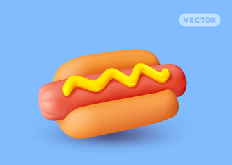 Vector illustration of roast sausage in bun with shadow. 3d style cartoon design of realistic hot dog with mustard sauce on blue color background. Street meat fast food