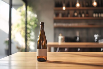 Poster - Amber beer bottle standing on wooden table in blurred bar restaurant background