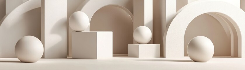 Poster - This elegant 3D background showcases stacked geometric shapes, including spheres, cubes, and arches, in neutral tones of beige, white, and gray. 