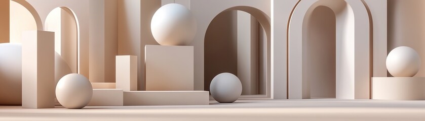 Poster - This elegant backdrop features stacked geometric shapes like spheres, cubes, and arches in soft beige, white, and gray. The calming arrangement creates ample negative space