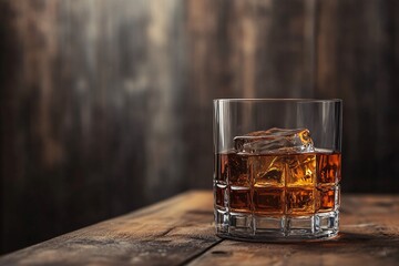 Aufkleber - Crystal whiskey glass with ice cubes sitting on rustic wooden table