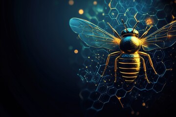 Poster - a stunning abstract design features a 3d bee with shiny metallic wings, surrounded by a vibrant digi
