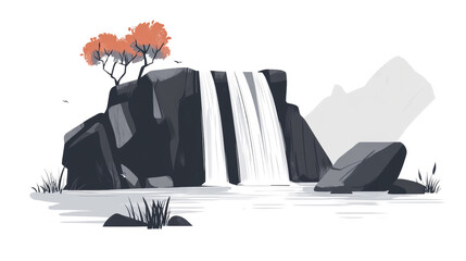 Aufkleber - A stylized illustration depicts a tranquil waterfall cascading over dark rocks into a calm pool below, framed by autumnal trees and a serene landscape.