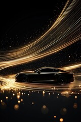 Poster - A sleek luxury car silhouette appears dramatically against a dark backdrop, surrounded by dynamic gold and silver light trails