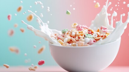 Splashing milk into a white bowl of colorful cereal rings creates a vibrant and appetizing scene against a turquoise and pink gradient background