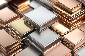 Poster - Unique layered composition showcases stacks of 3D blocks in neutral and metallic hues, symbolizing advanced data storage and digital architecture