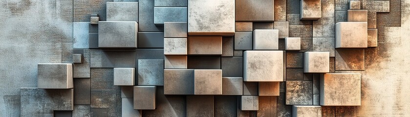 Poster - This modern tech background features stacked 3D blocks in neutral and metallic tones, representing data layers and digital storage. The design emphasizes clean lines and soft shadows