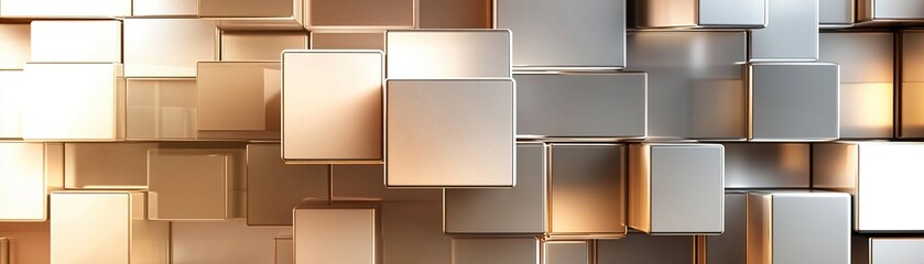 Poster - The background showcases an arrangement of stacked 3D blocks in various neutral and metallic shades, reflecting a clean and futuristic design. Soft shadows and ample negative space