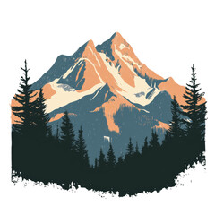 Aufkleber - A stylized illustration depicts a majestic mountain range with snow capped peaks and a dark evergreen forest below.