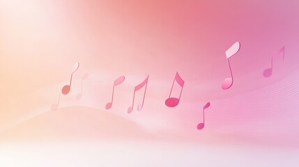 Poster - Pink music notes are flowing on a pastel pink and orange gradient background, creating a harmonious and visually appealing design representing music, melody, and sound