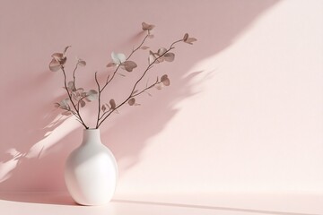 Sticker - Eucalyptus branches with round leaves resting in white ceramic vase on pink background