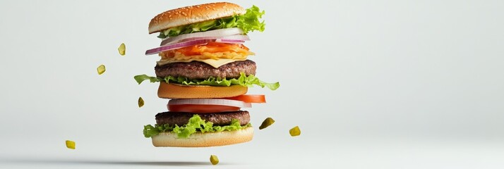 Poster - Tasty burger with beef patty, cheese, lettuce, tomato, onion, pickles, and sauce floating in the air on a white background, creating a visually appealing and dynamic composition