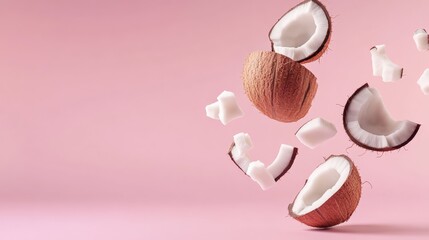 Aufkleber - Several pieces of fresh coconut, both whole and broken, are levitating against a vibrant pink backdrop, creating a visually appealing and refreshing scene