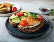 © Matilde - healthy snack toast for breakfast or lunch with rye bread grilled chicken and vegetables traditional danish open sandwich smorrebrod whole food and diet clean eating concept