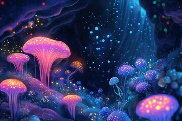 Poster - Exploring a vibrant microscopic ecosystem illuminated by friendly microbes in a magical setting. Generative AI